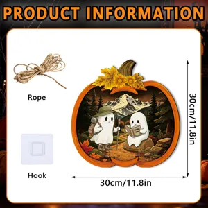 Halloween wooden pumpkin hanging sign wall decoration with cute ghosts and rope hook.