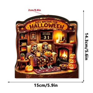 Halloween wooden tabletop decoration with glowing lights, skeleton couple and pumpkins for party.