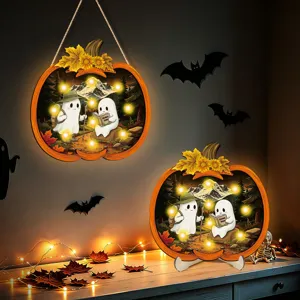 Halloween Wooden LED Pumpkin Sign Hanging Desktop Light Ornament Festival Party Decor