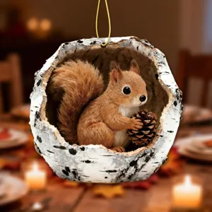 Detailed close-up of a cute red squirrel hanging acrylic ornament featuring a cozy tree hole design.