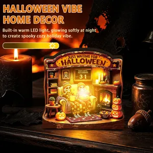 Halloween wooden desktop diorama detail, warm LED glow, spooky cozy holiday decor scene.