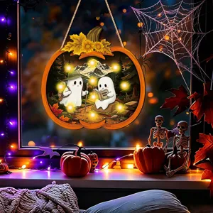 Detailed view of the Halloween luminous wooden hanging sign featuring cute ghosts and LEDs.