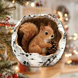 Detailed view of Christmas tree hanging ornament featuring a cute squirrel inside birch hollow.