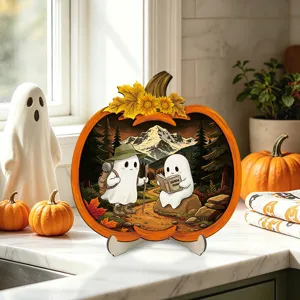Halloween wooden table decor, layered carving ghost mountain scene, holiday tabletop ornament