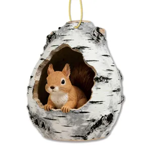 Cute squirrel birch tree hollow hanging ornament for home decor, resin acrylic festive pendant.