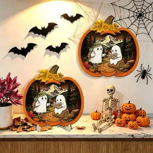 Halloween wooden glowing pumpkin hanging sign and tabletop decor with cute ghost hiking details.