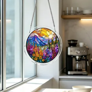 Detailed view of the round stained glass acrylic window suncatcher hanging decoration.