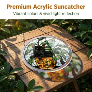 Detailed view of stained glass style black cat acrylic suncatcher hanging outdoors.