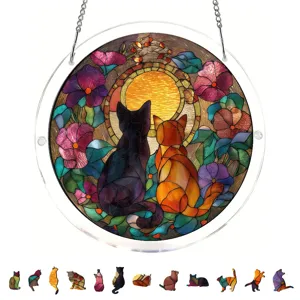 Stained glass acrylic cat suncatcher window hanging pendant with chain and puzzle pieces