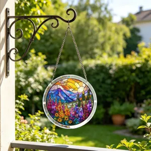 Detailed view of a circular acrylic suncatcher pendant with vibrant floral design.
