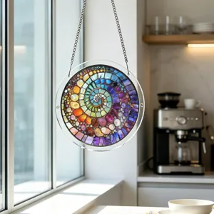 Detailed view of colorful spiral acrylic suncatcher hanging by chain in window, home decor.