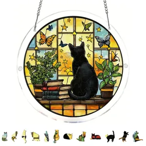 Acrylic stained glass cat puzzle suncatcher window hanging home decor with metal chain.