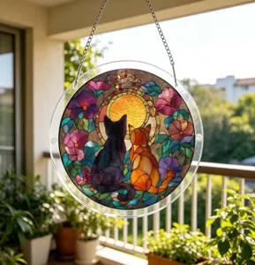 Acrylic stained glass cat suncatcher hanging window panel for home decor and garden ornament.