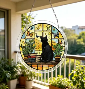 Detailed view of the acrylic black cat suncatcher hanging on window, stained glass design.