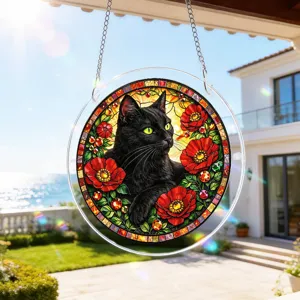 Stained glass style black cat and red poppy acrylic suncatcher window hanging detail view.