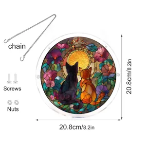 Close-up detail of stained glass style acrylic cat suncatcher pendant with chain and hardware.