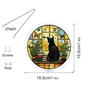 Acrylic black cat window hanging suncatcher with chain and screws, 18.8cm size for home decor.