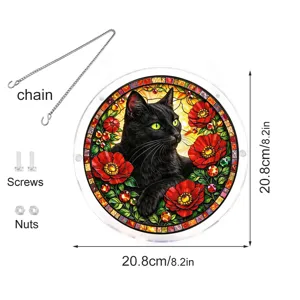 Stained glass black cat acrylic suncatcher with chain and screws, 20.8cm window hanging decor.