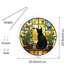 Stained glass style black cat acrylic suncatcher hanging ornament with chain and screws, 20.8cm