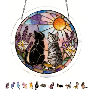 Detailed view of stained glass style cat suncatcher window hanging featuring colorful floral patterns.