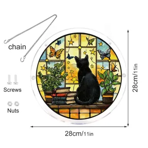 Stained glass style black cat acrylic window hanging suncatcher with chain and screws, 28cm