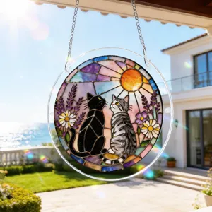 Stained acrylic suncatcher hanging ornament featuring cute cats and flowers for window decor.