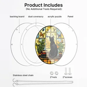 Detailed view of acrylic cat suncatcher puzzle components including board chain and screws.
