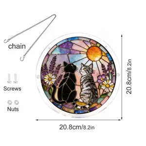 Detailed view of the acrylic cat suncatcher hanging with chain and screw accessories shown.