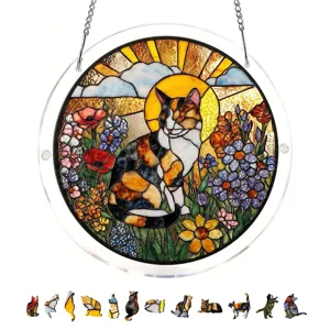Stained glass acrylic cat suncatcher hanging window decoration with cute feline silhouettes.
