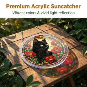 Premium acrylic cat suncatcher window hanging with vibrant stained glass poppy flower design.