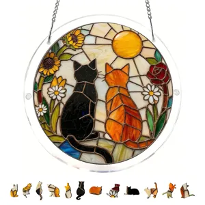 Stained glass cat suncatcher acrylic window hanging decor with cute cat puzzle pieces.