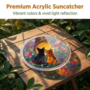 Acrylic cat suncatcher window hanging with vibrant colors and vivid light reflection.
