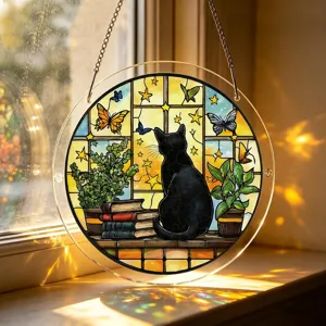 Stained glass style black cat acrylic suncatcher window hanging decor with vibrant colors.