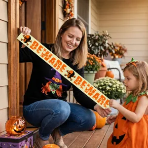Halloween Leucht-Warnband Detail mit gruseligem Warnmotiv und Totenkopf-Grafik.