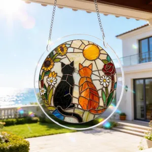 Detailed view of stained glass style acrylic cat suncatcher, colorful window hanging decor.