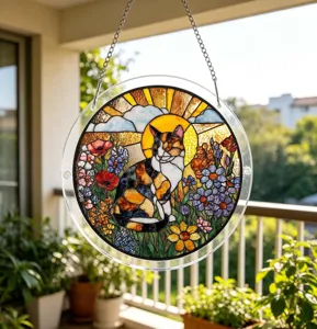 Stained glass style calico cat acrylic suncatcher window hanging home decor ornament