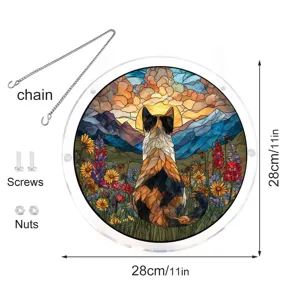 Stained glass style cat window hanging detail, featuring acrylic suncatcher, chain and screws.