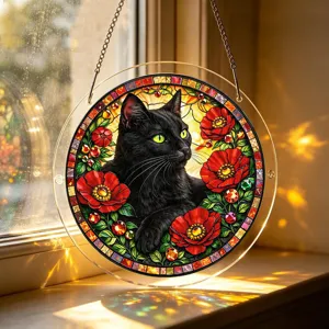 Stained glass black cat suncatcher window hanging acrylic panel with red poppy flowers decor