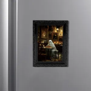 Sticker magnétique de réfrigérateur fantôme 3D Halloween avec cadre photo noir vintage.
