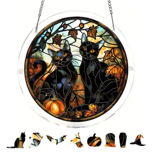 Halloween Buntglas Acryl Katzen Sonnenfänger Hängeornament mit Kürbis und Herbstblättern.