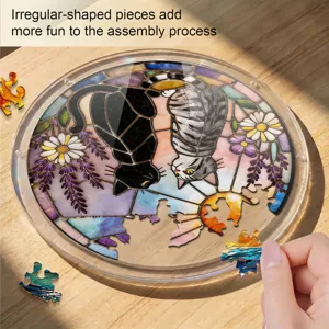 Stained glass acrylic cat puzzle suncatcher window hanging piece with floral design art decor
