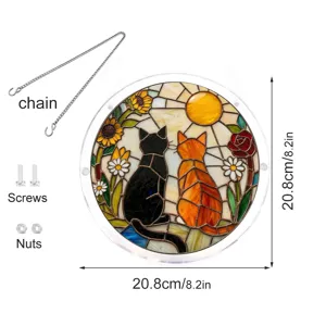 Beautiful stained glass style acrylic cat suncatcher window hanging with chain and mounting screws.