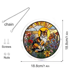 Stained glass style cat acrylic suncatcher window hanging with chain and screws, 18.8cm.