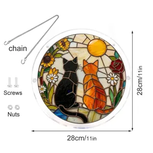 Stained glass style acrylic cat suncatcher window hanging with chain and screws 28cm