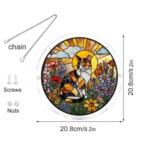 Stained glass style cat acrylic suncatcher window hanging with chain, screws and nuts, 20.8cm