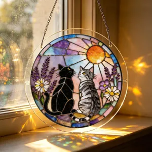 Beautiful acrylic cat suncatcher window hanging featuring colorful stained glass sunset design.