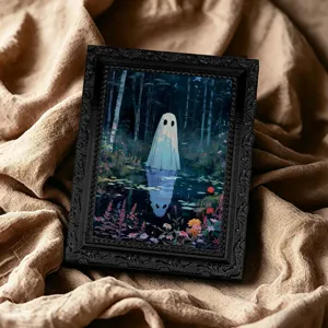 Nahaufnahme des Halloween Geistes magnetischer Bilderrahmen mit schwarzem Ornamentrand.