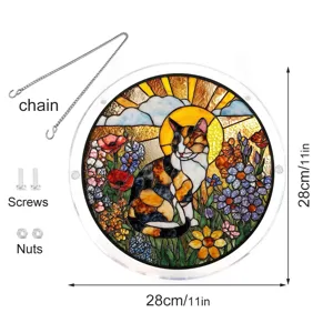Round acrylic cat suncatcher window hanging ornament with hanging chain and screws, 28cm