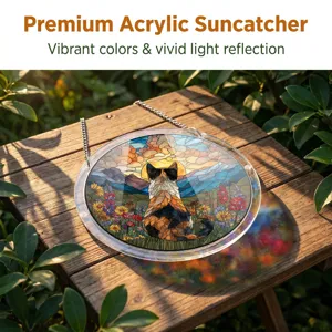Acrylic cat suncatcher window hanging with vibrant stained glass design and light reflection.