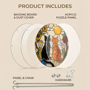 Acrylic cat puzzle suncatcher detail view showing components like panel, chain and hardware.